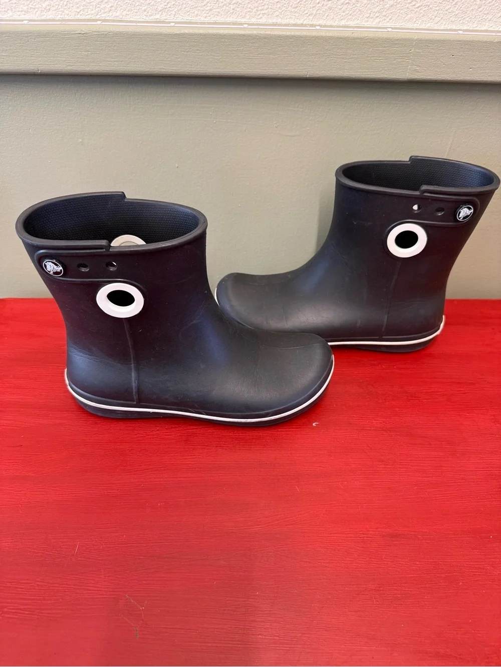 Women’s Croc Black Rain Boots with White Accent